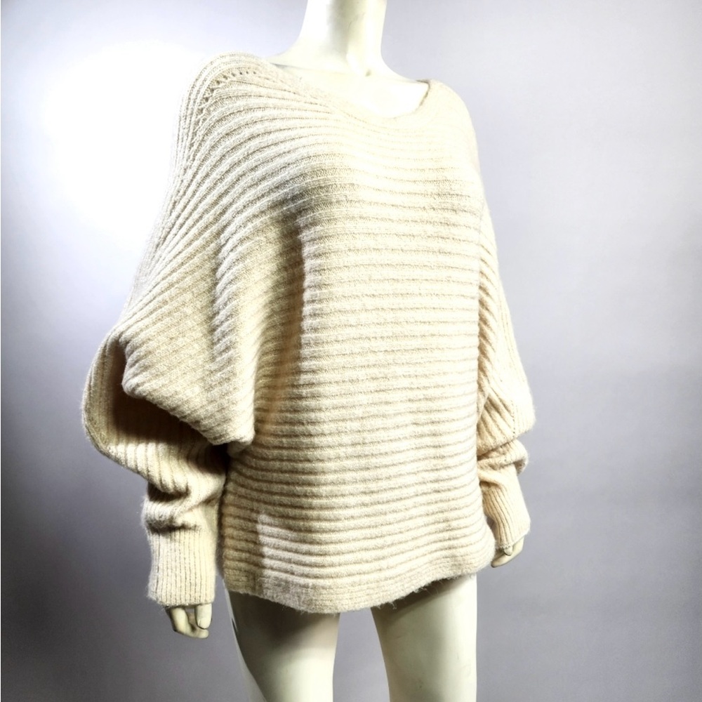 Winter White Luxury Semi Dolman Sleeve Ribbed Style Cozy Oversized Sweater LRG